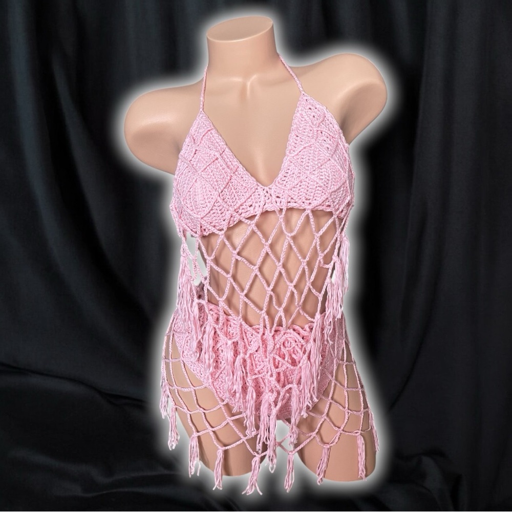 Pink Crochet Two-Piece Bikini Beach Pool Party Festival Coachella Cover-Up Set - Picture 3 of 7